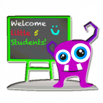 icon-green-little-monster-flexing-muscles-in-front-of-blackboard-that-says-welcome-little-5-students